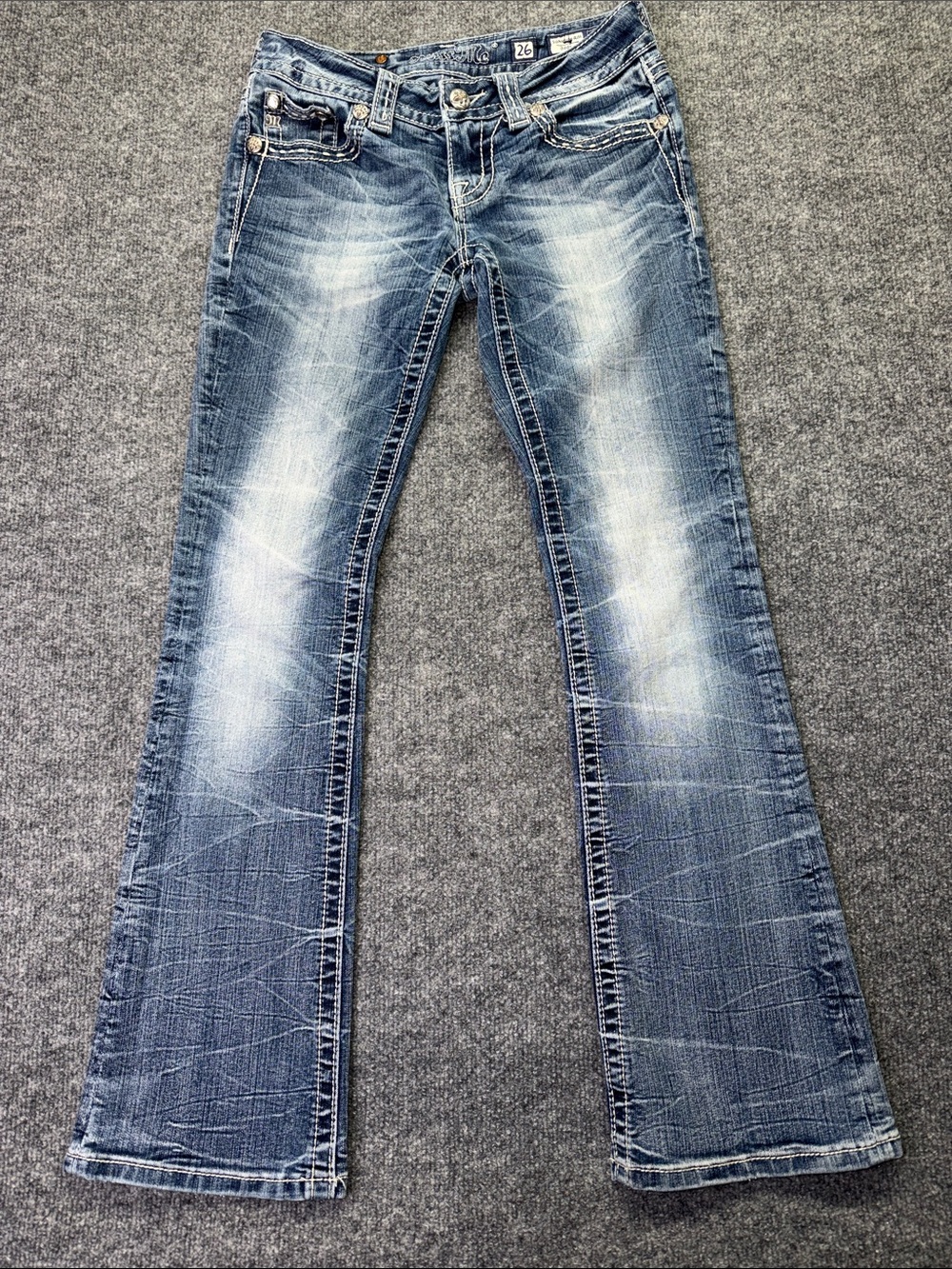 Miss Me Women's Blue Bootcut Low-Rise Jeans with Fading